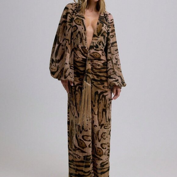 MODA ME COUTURE Dresses & Skirts - Brown Elegant Women's Zebra Print Deep V Neck Maxi Dress with Tassel Detail